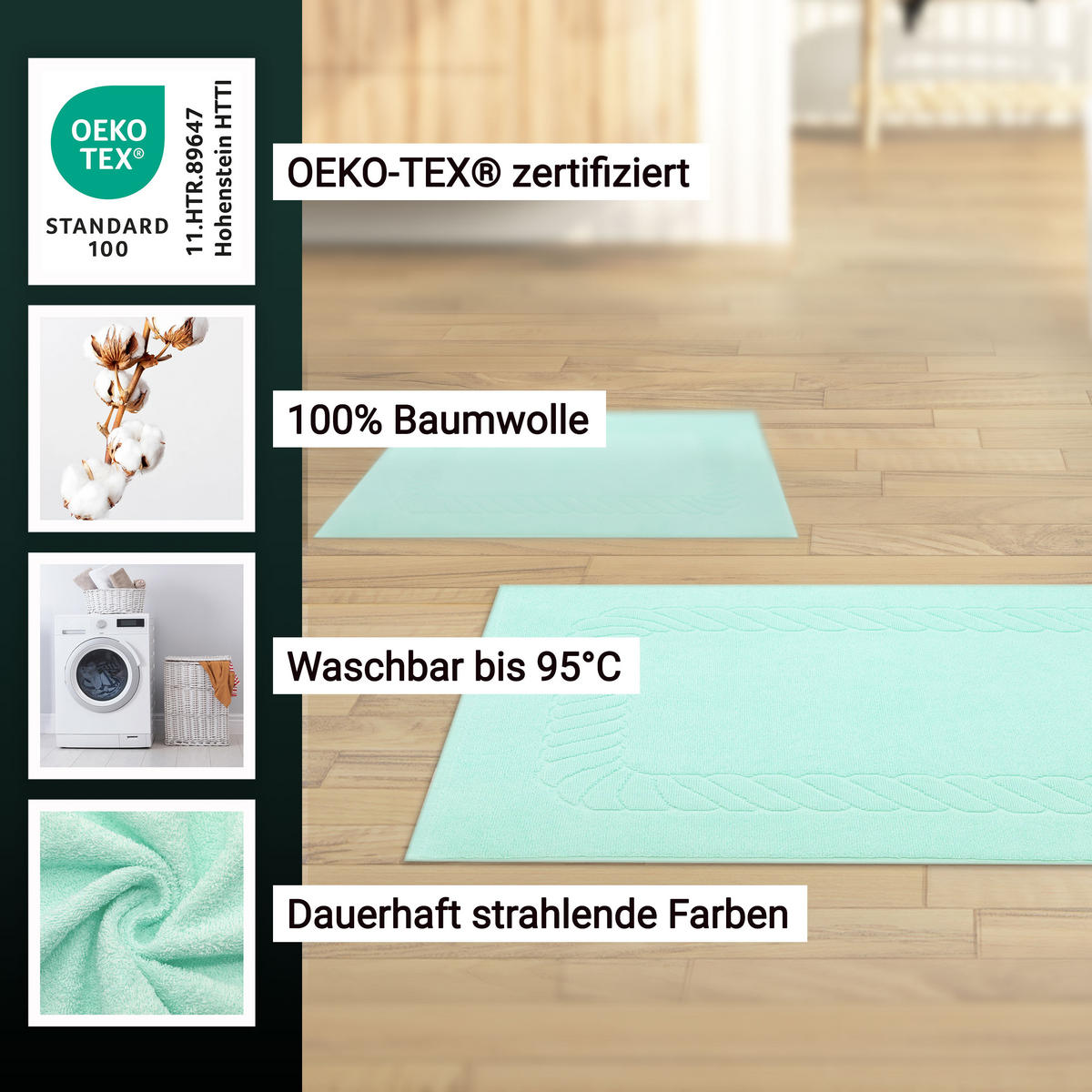 BADEMATTE, 2er-Set, 50x70 cm, 100% Baumwolle, Blau - Grün, Textil (50/70cm) - Zollner