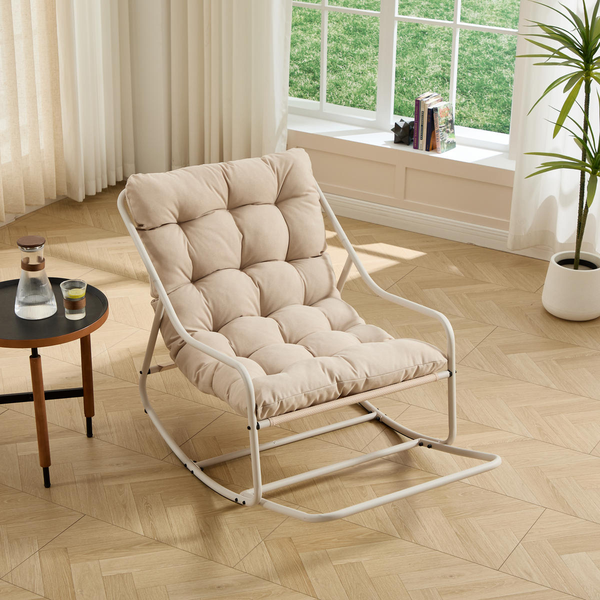 SCHAUKELSTUHL mit Dickem Kissen,Beige Metallrahmen für Garten Balkon Wohnzimmer - Beige, Metall (75/82/116cm) - PARAFTA HOME