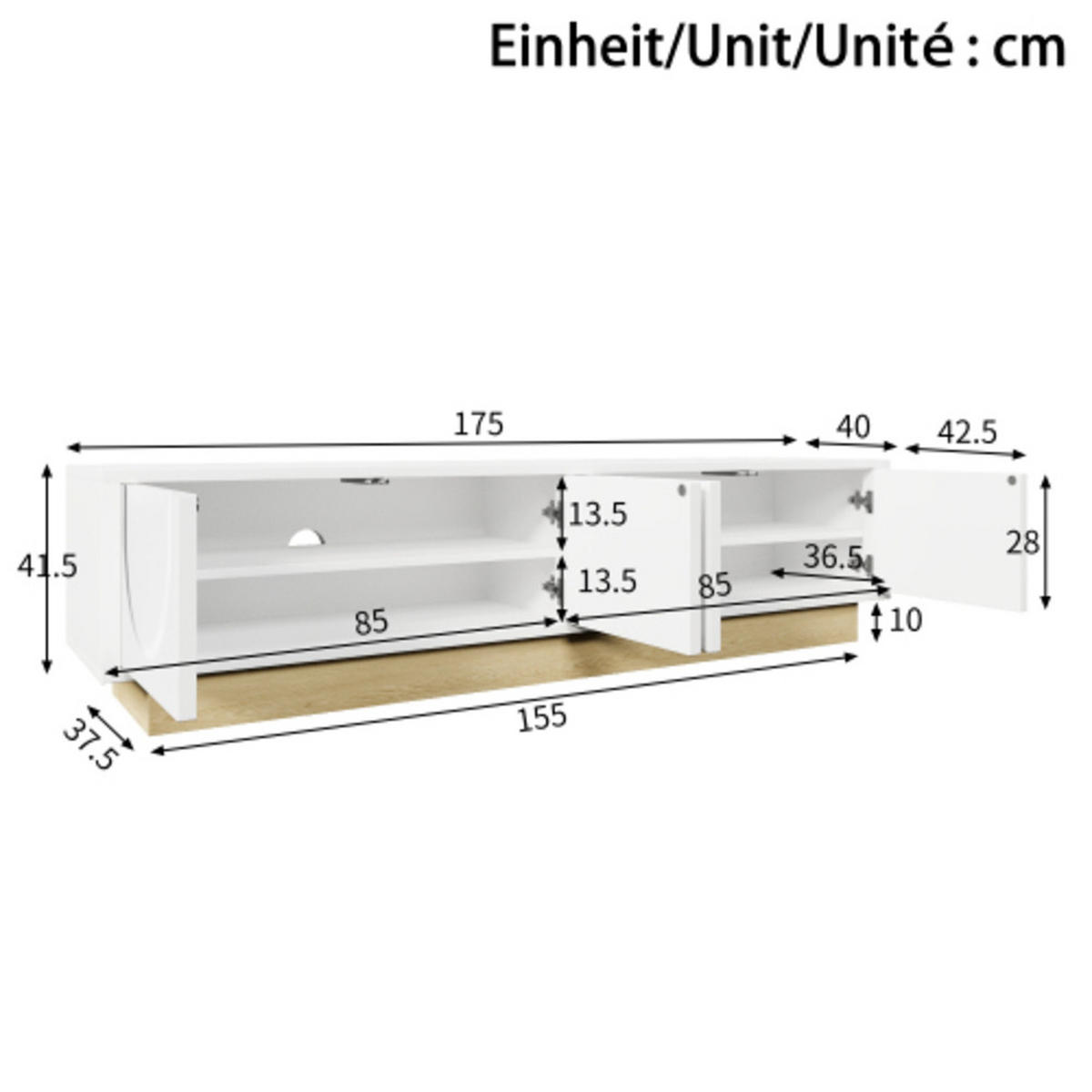 SIDEBOARD mit Holzmaserung weiß 175×40×41,5 cm aus MDF - Weiß, Holzwerkstoff (175/41.5/40cm) - Luhomfu