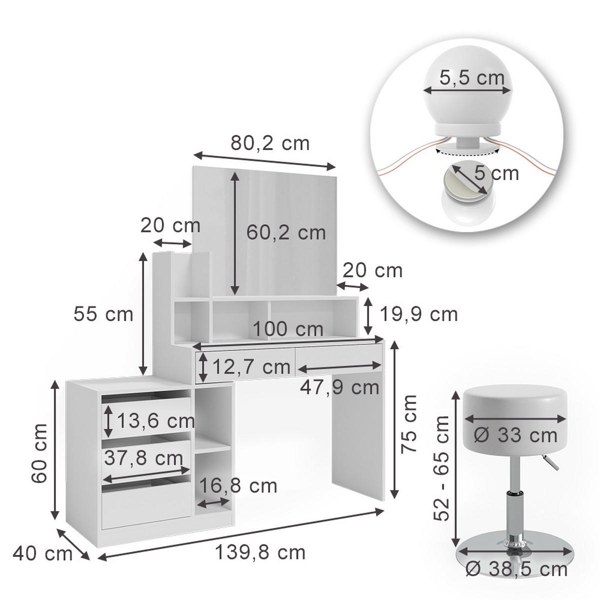 TOALETNÍ STOLEK Anja Bílá - bílá, kompozitní dřevo (139.8/115/40cm) - Vicco