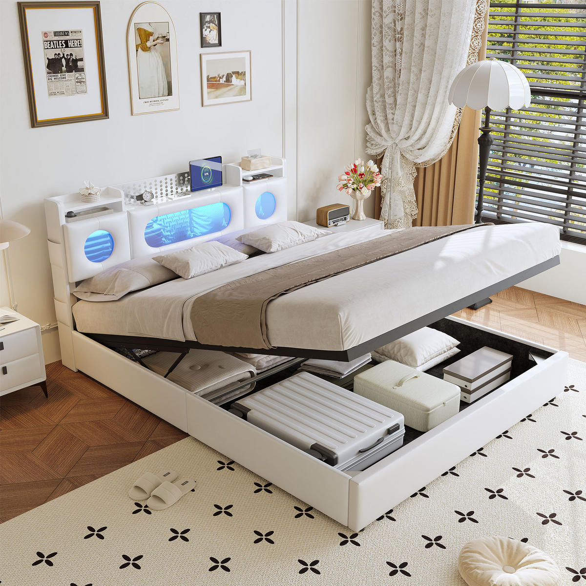 POLSTERBETT 140/200 cm Weiß mit hydraulischem Stauraum, LED-Kopfteil mit Ablage und USB-Anschluss - Weiß, Metall (140/200cm) - EuroLiving