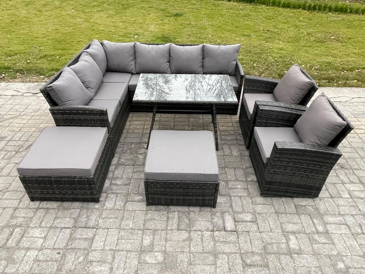 SITZGRUPPE mit Ecksofa,große Fußhocker,Stuhl Polyrattan Dunkelgrau 11-Sitzer - Dunkelgrau/Grau, Glas/Kunststoff - Fimous