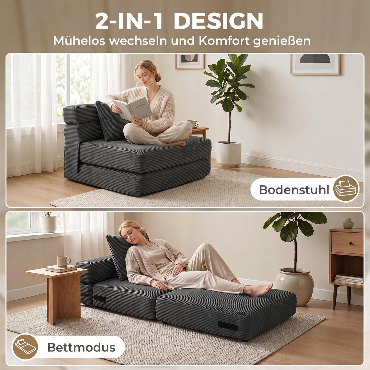 BODENSTUHL Cord Schaumstoff Dunkelgrau - Dunkelgrau, Textil (76/62/100cm) - HOMCOM