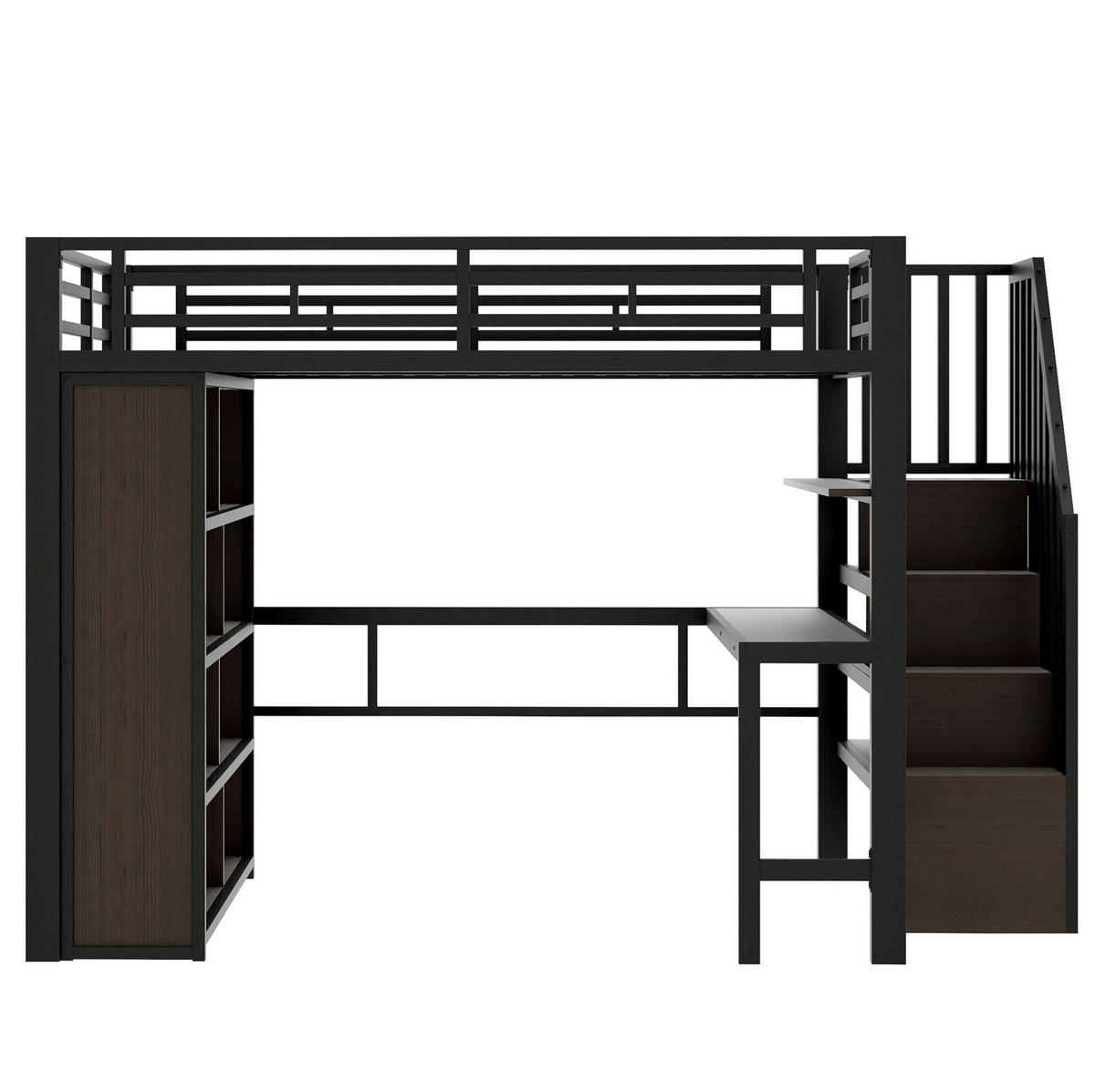 HOCHBETT 140/200 cm aus Metall mit Schreibtisch, Stauraumstufen und LED-Lichtleiste Schwarz - Schwarz, Metall (140/200cm) - Modenvie