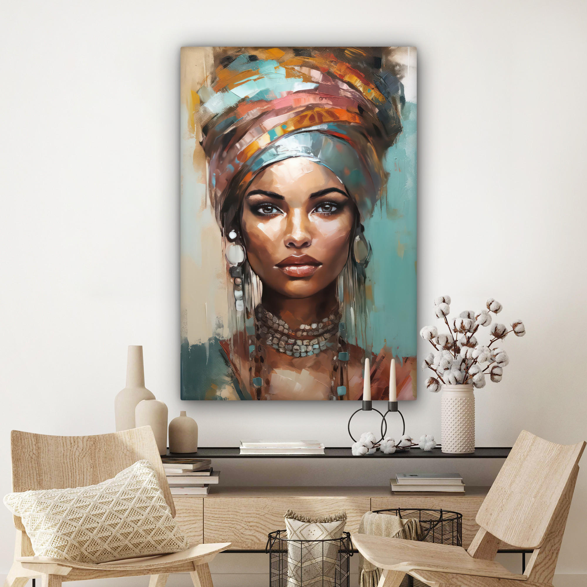 LEINWANDBILD Frau - Kunst - Schmuck - Porträt 90x140 cm - Blaugrau, Textil (90/140cm) - MuchoWow