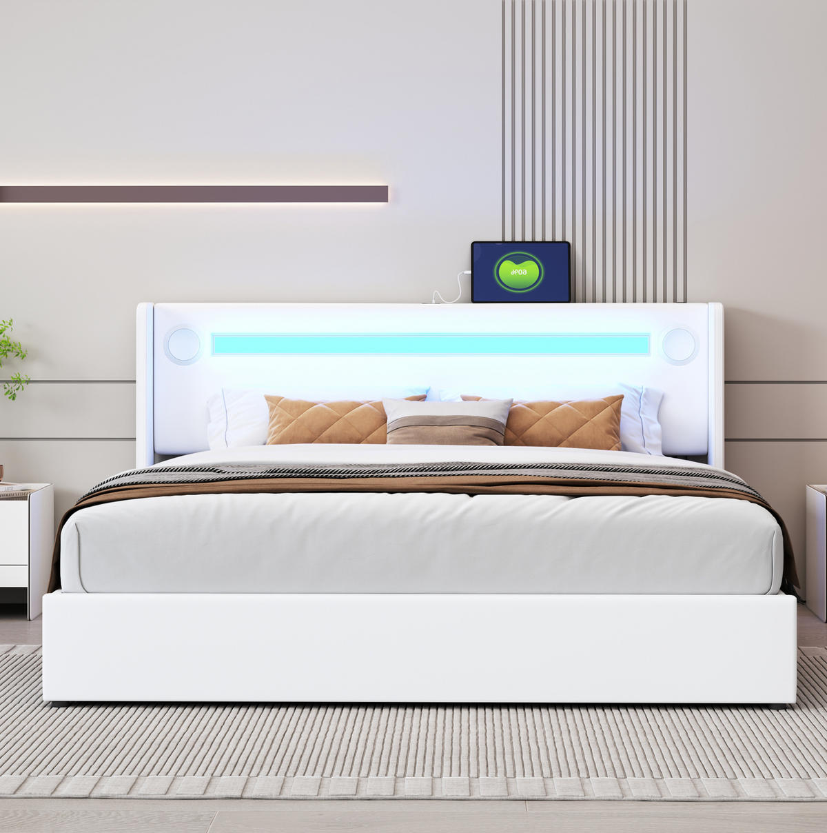 POLSTERBETT 160/200 cm mit LED-Lichtleiste, Bluetooth-Lautsprecher, USB-Anschlüssen und hydraulischem Stauraum, Weiß - Weiß, Kunststoff (160/200cm) - Redom