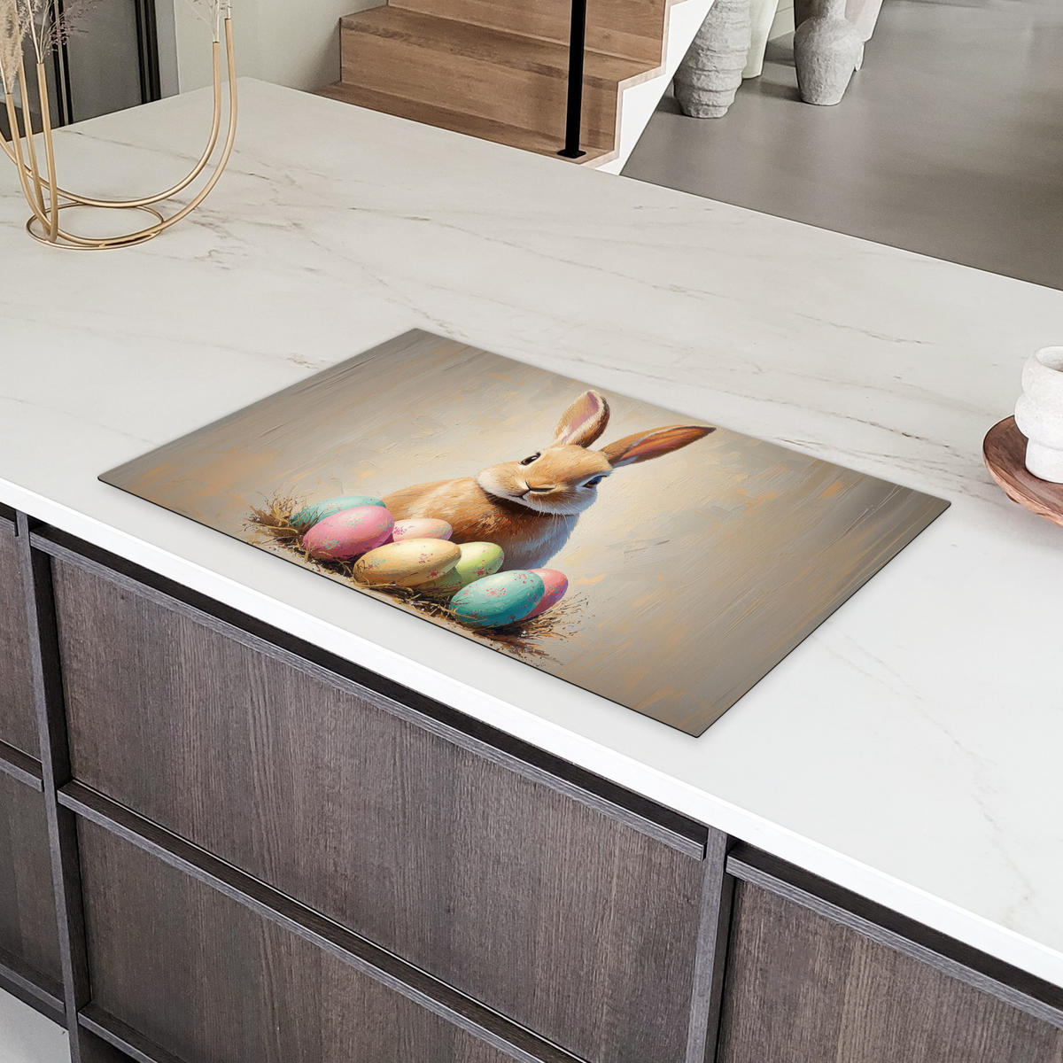 HERDABDECKPLATTE Osterhase - Pastell - Eier Induktionsmatte 83x51 cm - Beige, Kunststoff (83/51.5/0.2cm) - MuchoWow