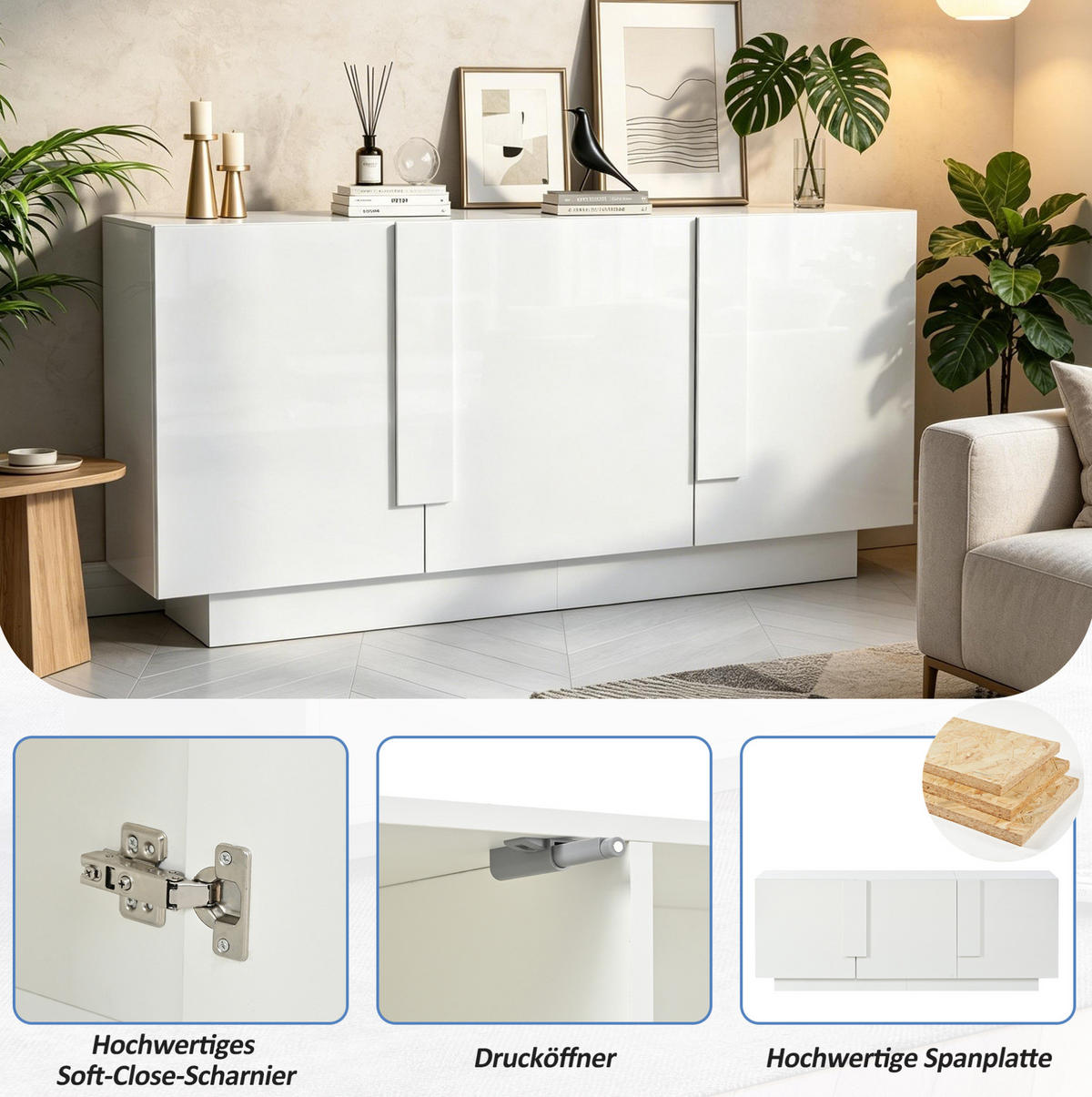 SIDEBOARD 160/35/60 cm weiß aus Spanplatte mit Hochglanzfronten - Weiß, Holzwerkstoff (160/60/35cm) - OKWISH