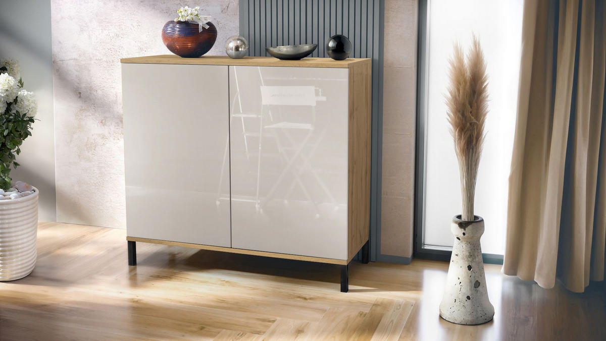 KOMMODE Skadu Sandgrau Hochglanz - Sandfarben, Holzwerkstoff (92.5/83.5/35cm) - Vladon