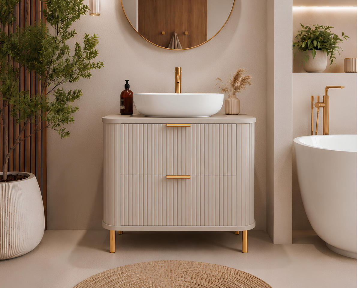 BADEZIMMERSCHRANK : Farbe Kaschmir, Griff gold, Füße gold, 80 x 41,5 x 66,7 cm - Kaschmir/Goldfarben, Holzwerkstoff (80/66.7/41.5cm) - 3XE LIVING