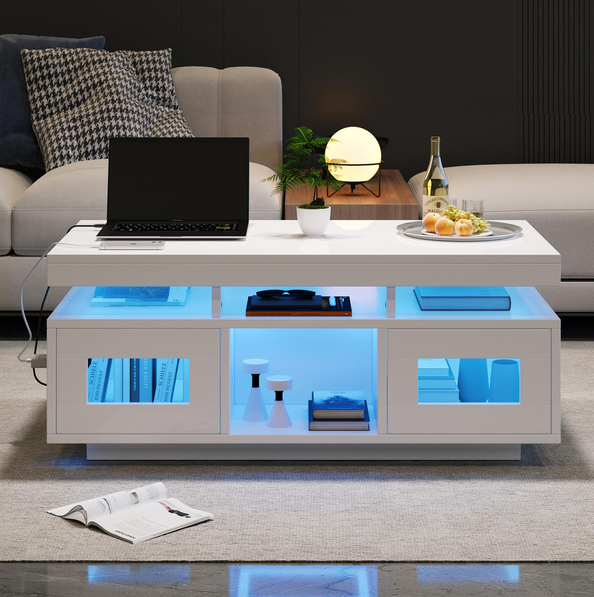 COUCHTISCH 100/50/43 cm in Weiß Hochglanz mit LED-Beleuchtung und Steckdose - Weiß, Holzwerkstoff (100/50/43cm) - Flora Grace