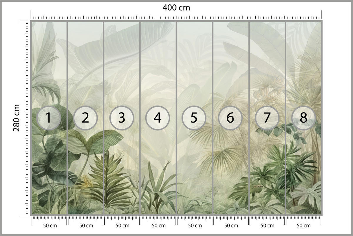 FOTOTAPETE für Schlafzimmer Tropenpflanzen Nebel Palmen Blätter 400x280 - Weiß/Grau, Papier (400/280cm) - Muralo