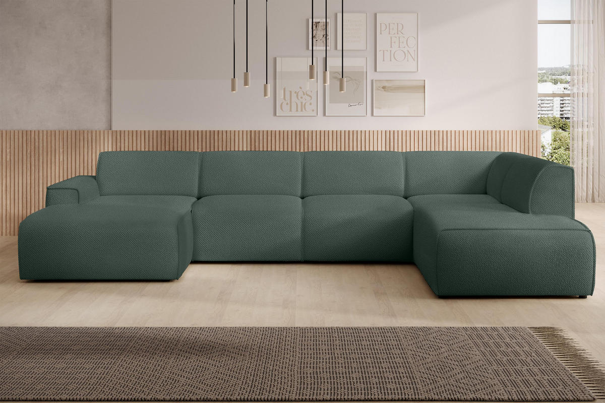 WOHNLANDSCHAFT Didim Grün 378/220/78 cm – großes Sofa stilvoll & bequem R - Schwarz/Grün, Kunststoff/Textil (378/78/220cm) - AX Living