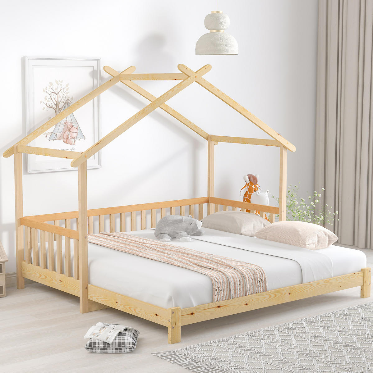 HAUSBETT aus massivem Kiefernholz 90/180x200 cm Natur ausziehbar mit Hausdach und 3-seitigem Geländer - Naturfarben, Holzwerkstoff (90/200cm) - Modfu