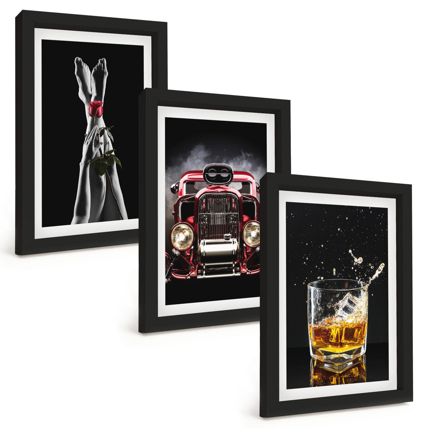BILDER SET 3er Set - 20x30 cm Schwarzer Rahmen - Frauenbeine Rosenauto Whisky - Schwarz, Kunststoff (20/30cm) - TULUP