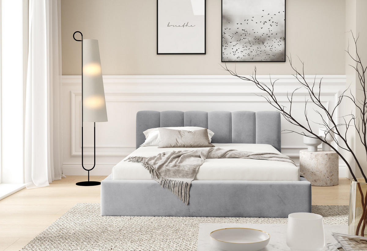 POLSTERBETT BERGO, 180x200 cm, Doppelbett mit Bettkasten, Velourstoff, Frabe: Grau - Grau, Holz/Textil (180/200cm)