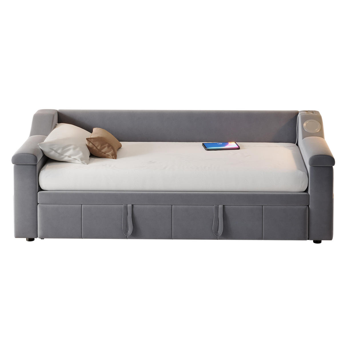 ROZKLÁDACÍ pohovka, 216/97/69 cm, samet šedá, 90/190 až 180/190 cm s Bluetooth a USB - šedá, textil (97/69/216cm) - BEAOK