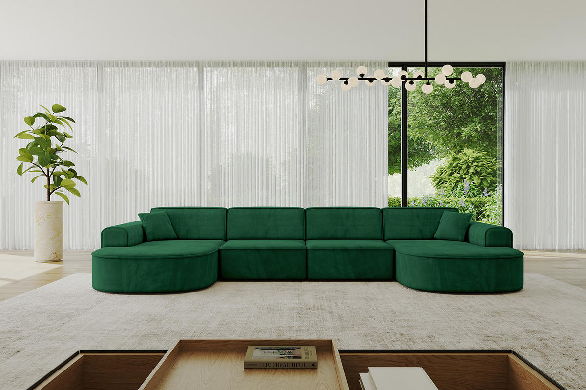 WOHNLANDSCHAFT MARI-U2 - 388x171x79 cm Dunkelgrün Velours - Dunkelgrün/Schwarz, Holzwerkstoff/Kunststoff (388/79/171cm) - ALTDECOR