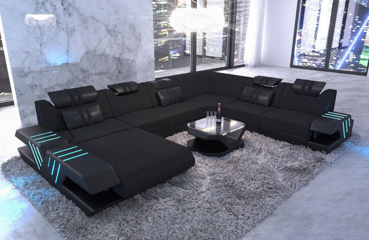 WOHNLANDSCHAFT Venedig Schwarz Strukturstoff - Schwarz, Kunststoff (373/80/288cm)