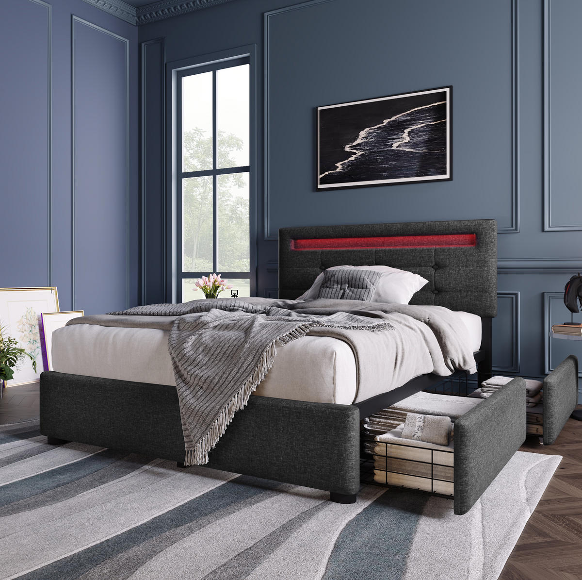 POLSTERBETT mit LED-Beleuchtung 90/200 cm, mit 2 Schubladen und verstellbarem Kopfteil - Grau, Textil (90/200cm) - BEAOK
