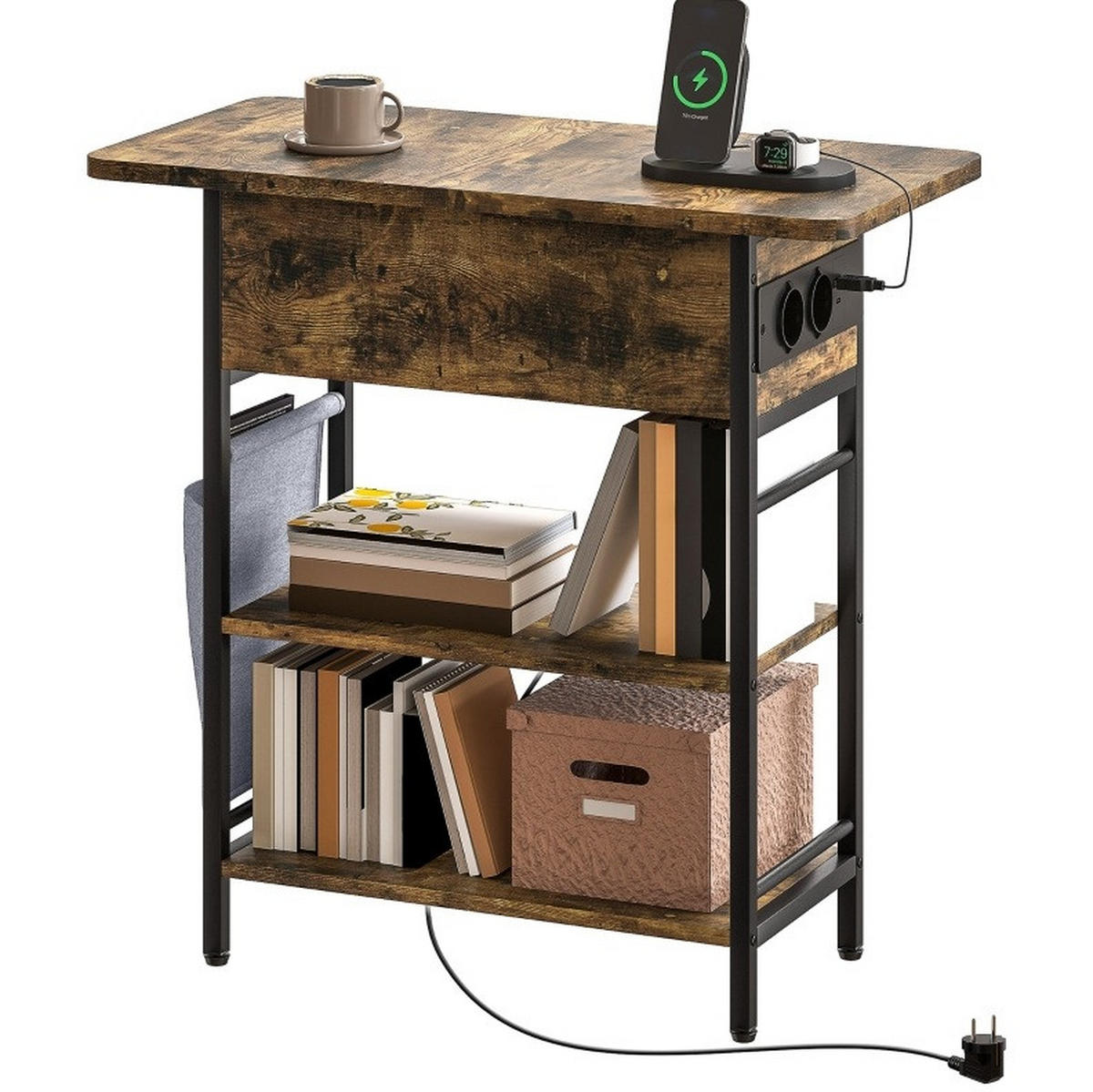 BEISTELLTISCH 60/29,8/58,5 cm Rustikal Braun mit Steckdosenleiste und USB-Anschlüssen - Braun, Holzwerkstoff (60/39.8/58.5cm) - OKWISH