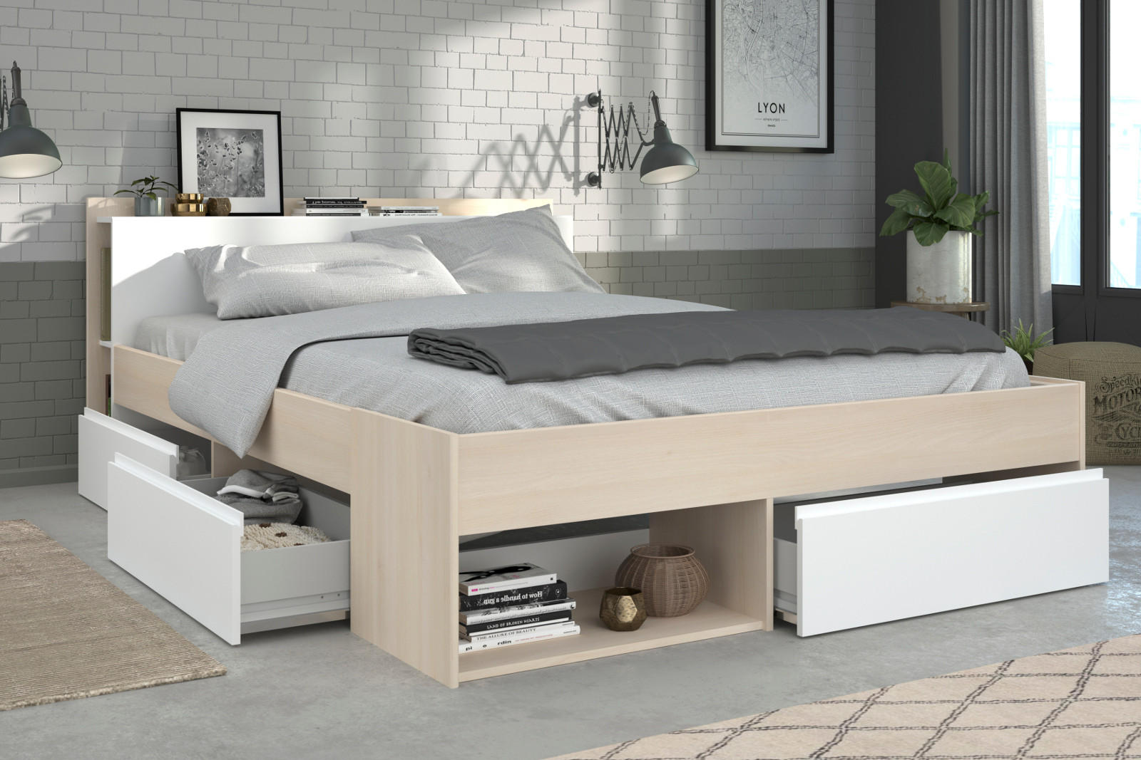 Thumbnail - Parisot Meuble Bett, Eiche, Weiß, Holzwerkstoff, Nachbildung,Esche, 2 Fächer, 3 Schubladen, Rechteckig, 140x200 cm, Schl...