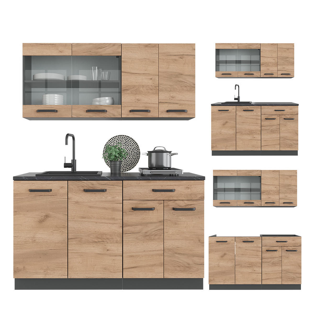 SINGLEKÜCHE R-Line Goldkraft Eiche/Anthrazit 140 cm, AP Anthrazit - Honigeiche/Anthrazit, Holzwerkstoff (140/81.6/60cm) - Vicco