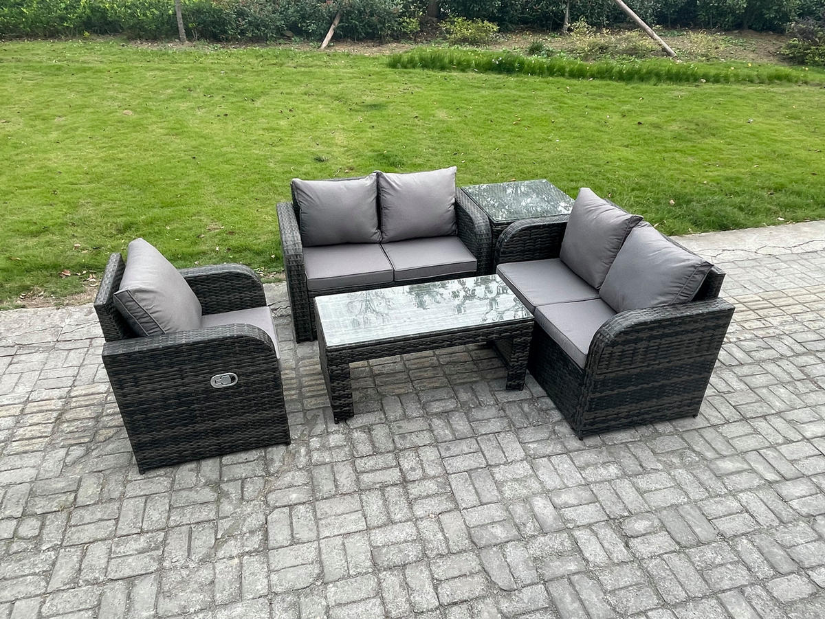 GARTENSOFA SET mit rechteckigem COUCHTISCH Polyrattan 5-Sitzer Dunkelgrau - Dunkelgrau/Grau, Glas/Kunststoff - Fimous