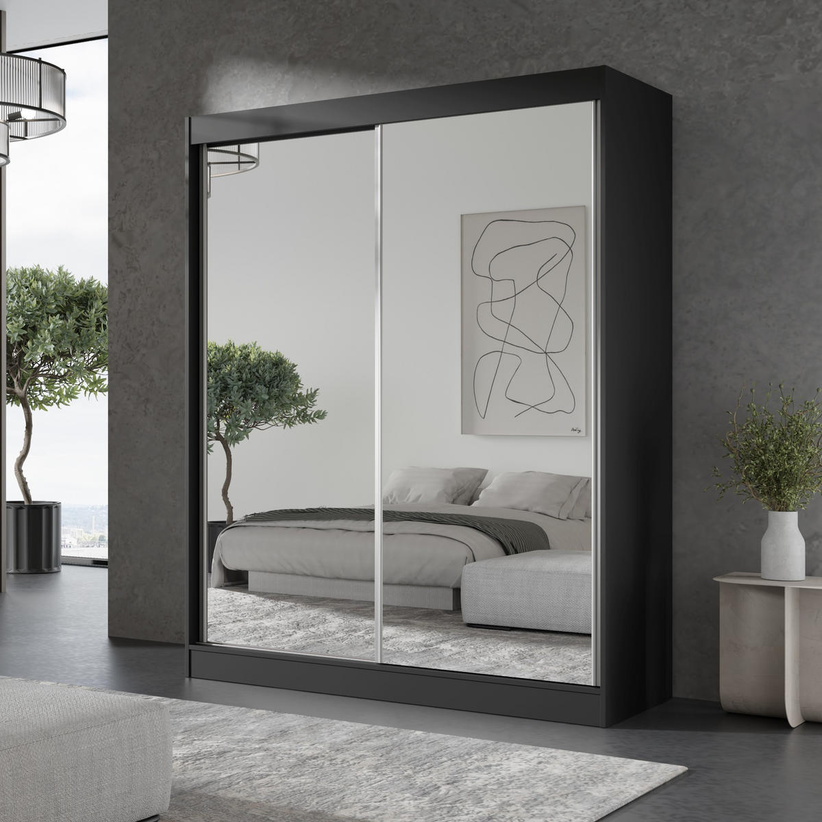 SCHIEBETÜRENSCHRANK mit Spiegel Como 2D2L 150 Schwarz - Silberfarben/Schwarz, Holzwerkstoff/Metall (150/201/65cm) - mzm24