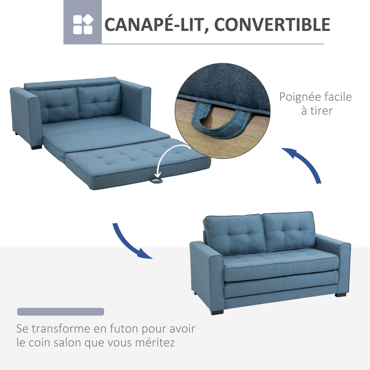 SCHLAFSOFA 2-Sitzer DE-14573 mit Knopfheftung & Klappfunktion Blau - Blau, Textil (147.5/85/75cm) - ComfortXL