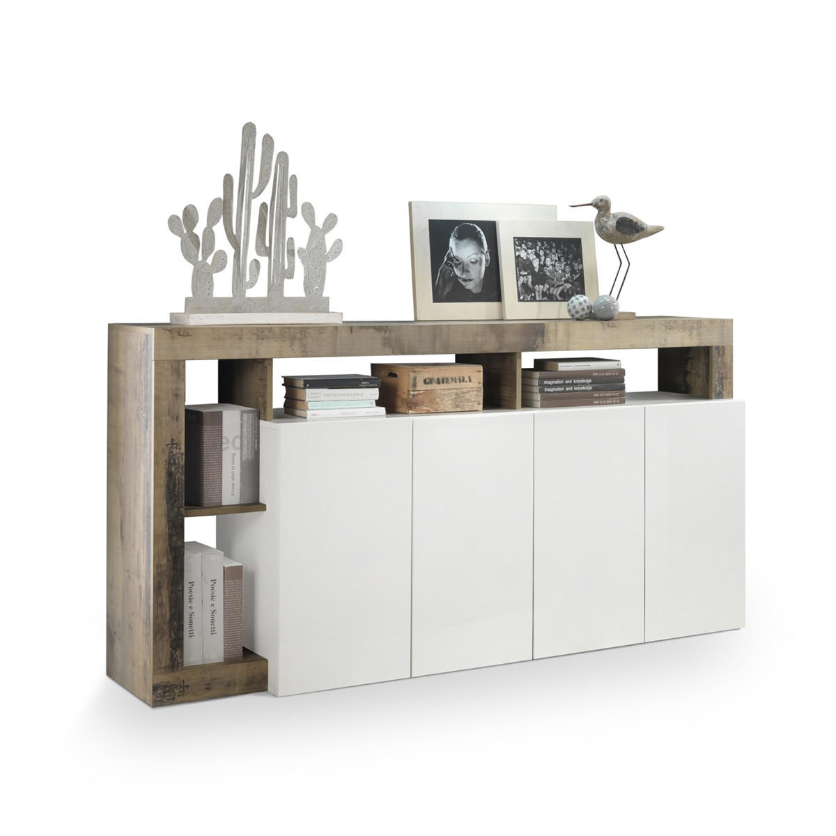 BUFFET 4 Türen Frankfurt - L184 cm - Eichefarben/Weiß, Holzwerkstoff (42/93/184cm) - Calicosy