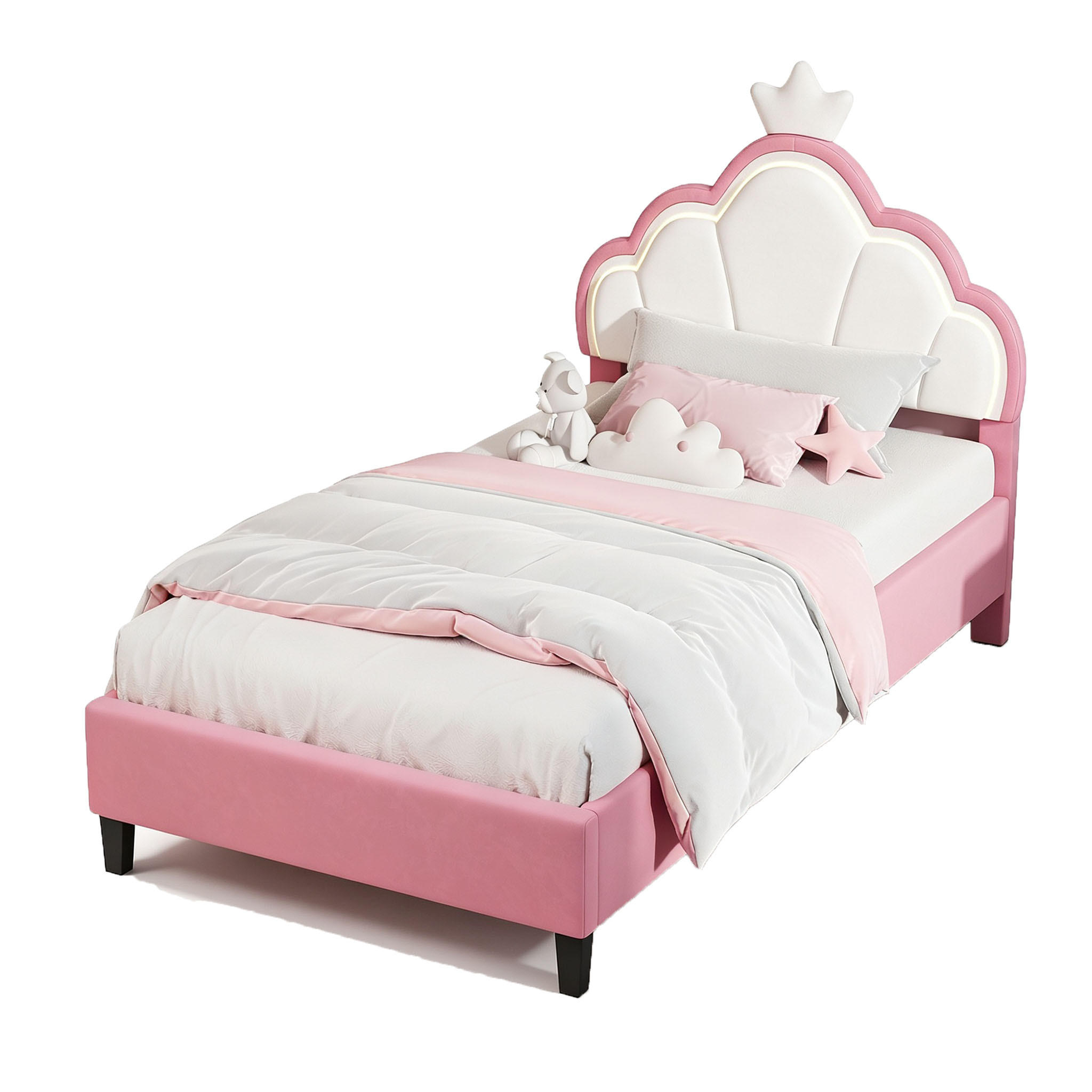 POLSTERBETT 90x190 cm mit höhenverstellbarem Kopfteil & RGB-LED – Kinderbett Bettgestell für Mädchen, Samt, Rosa - Pink, Holz/Metall (90/190cm) - BursDany