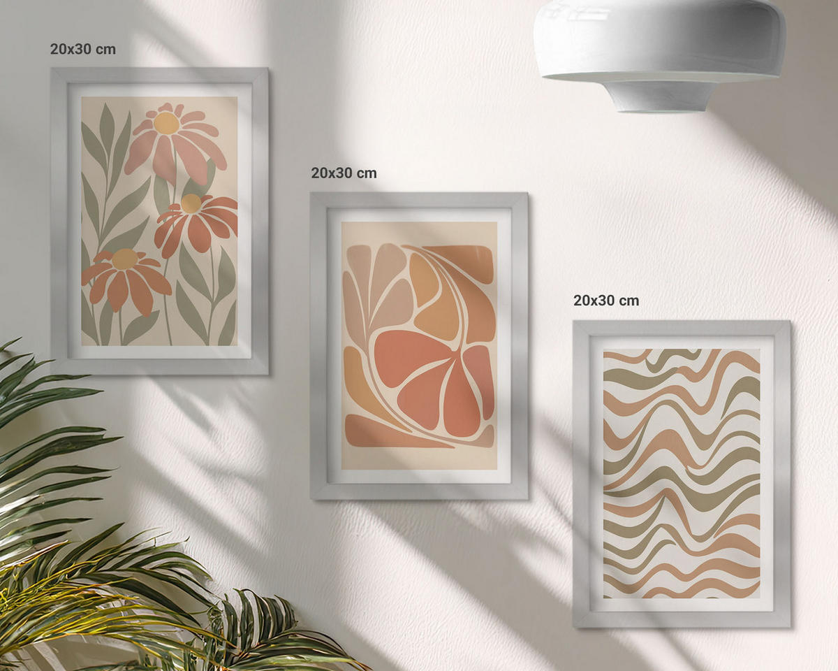 BILDER SET 3er Set - 20x30 cm Silberner Rahmen - Abstrakte Pastellblumen - Silberfarben, Kunststoff (20/30cm) - TULUP