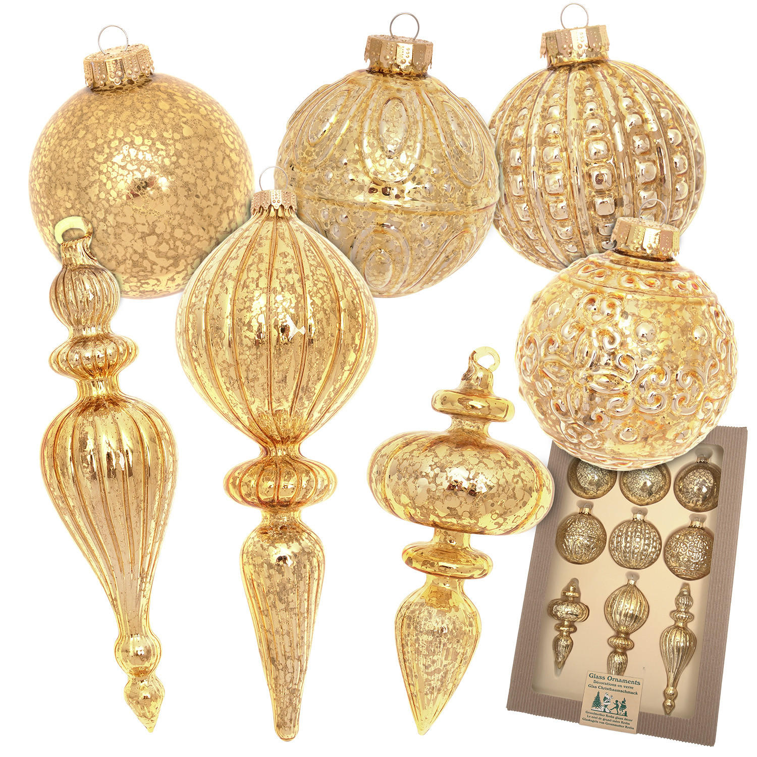 CHRISTBAUMSCHMUCK Romantikformen Antik Goldfarbig 19cm (Glas / 9 Stk.) - Goldfarben, Glas (8/19/8cm) - Krebs Glas Lauscha