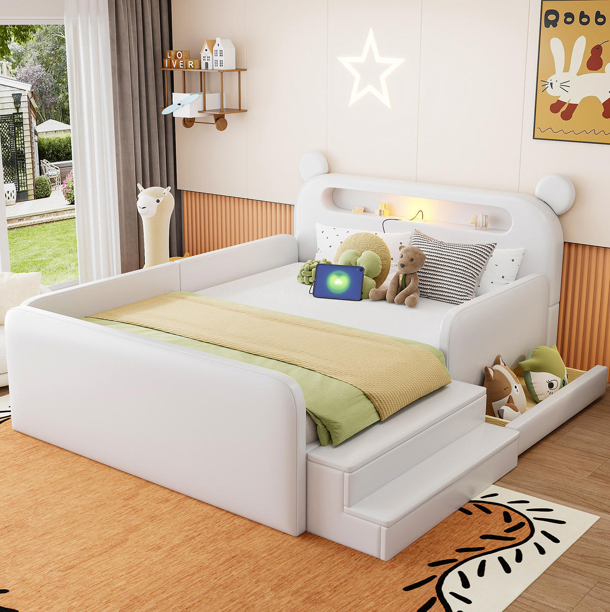KINDER-POLSTERBETT aus Kunstleder 140x200 cm Weiß mit Bärenkopfteil, Nachtlicht, USB-Anschluss und Stauraum - Weiß, Textil (140/200cm) - Modfu