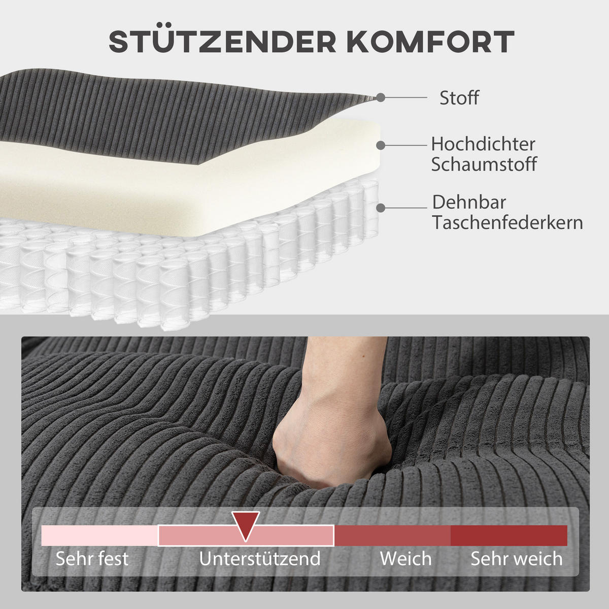 ECKSOFA U-FORM DE-06612 Sofa mit Federpolsterung, beweglicher Ottomane, Cord Dunkelgrau - Dunkelgrau, Holz/Textil (224/292cm) - ComfortXL