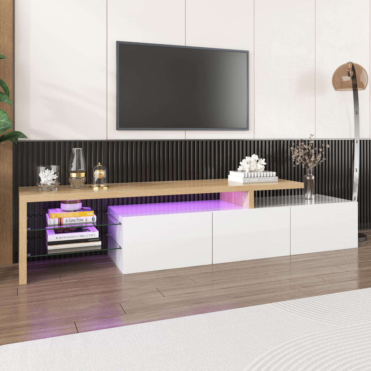 LOWBOARD 197,5/39/42 cm aus MDF und Glas mit LED-Beleuchtung und 3 Schrankfächern Weiß/Natur - Weiß, Holzwerkstoff (197.5/42/39cm) - Modenvie