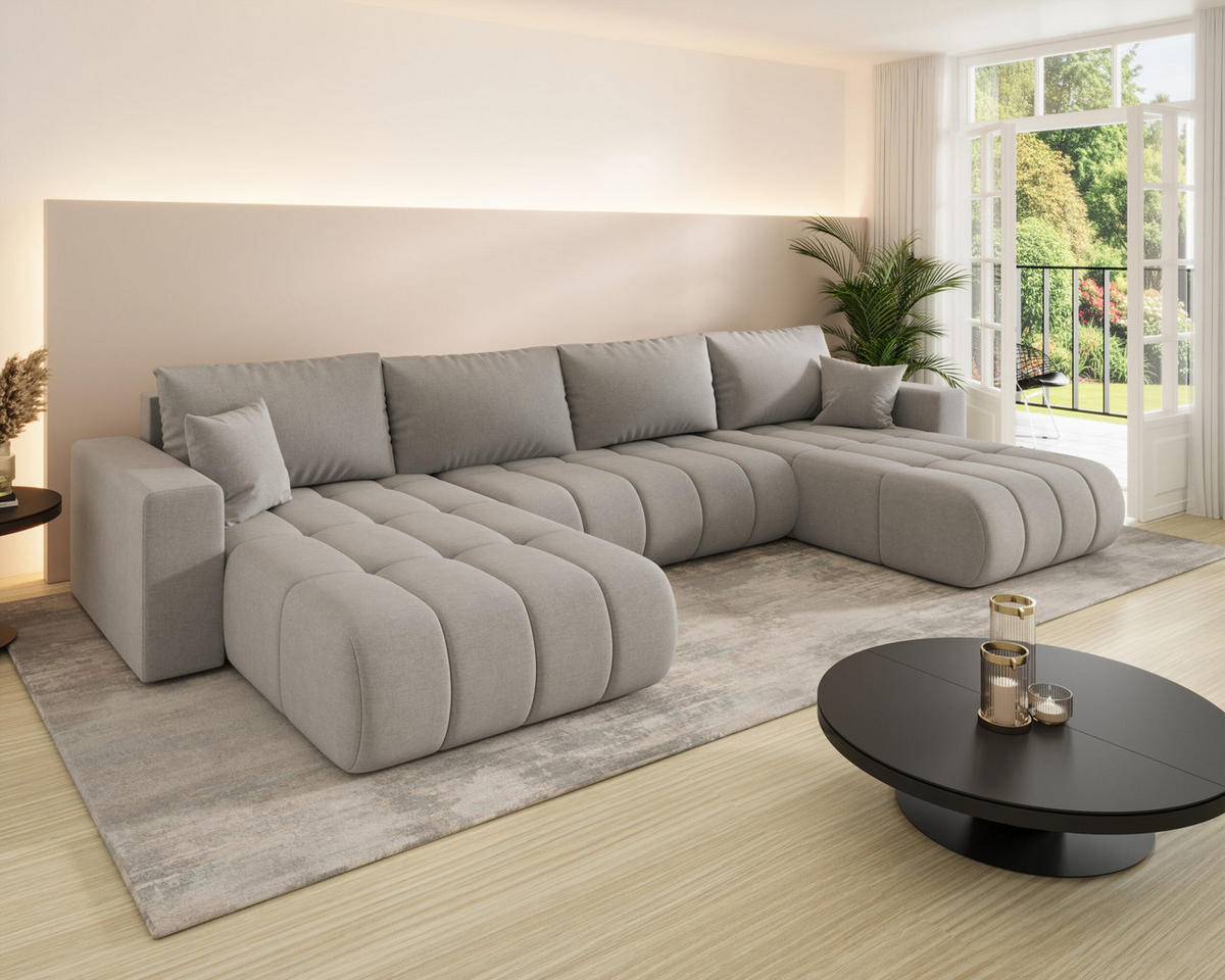 ECKSOFA mit schlaffunktion und bettkasten MILO U PREMIUM, stoff WIND, Sandgrau - Sandfarben, Holz (384/190cm) - Kaiser Möbel