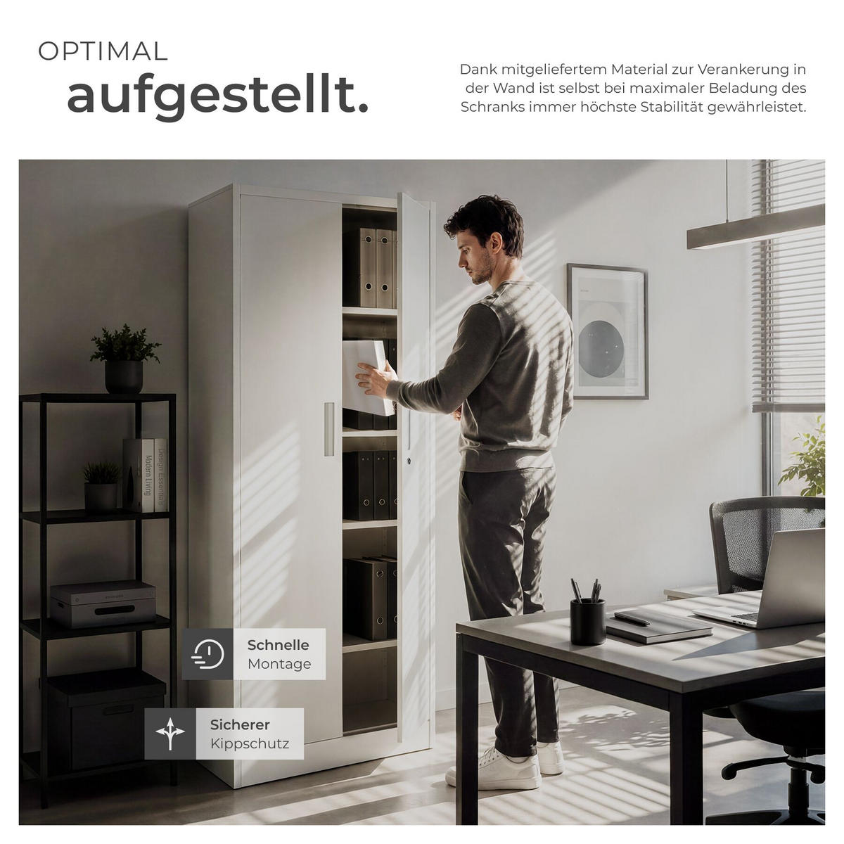 AKTENSCHRANK Brandon, Kippschutz, höhenverstellbare Füße, grau - Grau, Metall (60/180.5/40cm) - tectake