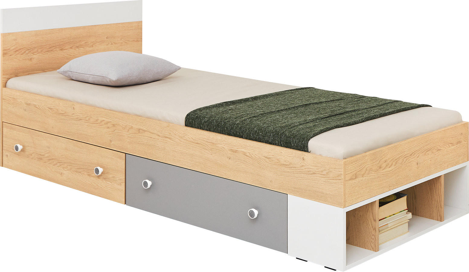 JUGENDBETT Pico in Eiche, Weiß und Grau - Jugendbett 90x200 cm - Braun, Holzwerkstoff