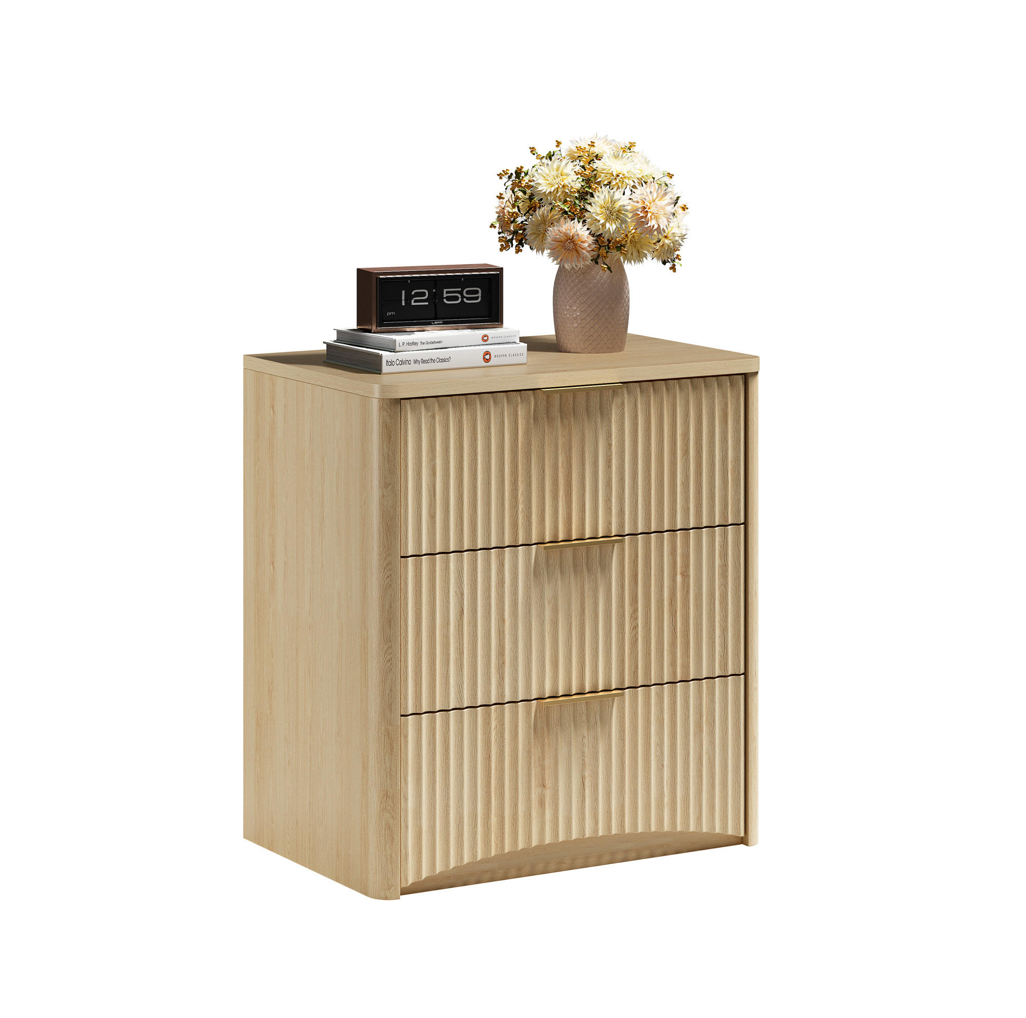 NACHTTISCH 58/38/64 cm in Eiche mit 3 Schubladen und Rillendesign - Braun, Holzwerkstoff (38/64/58cm) - Flora Grace