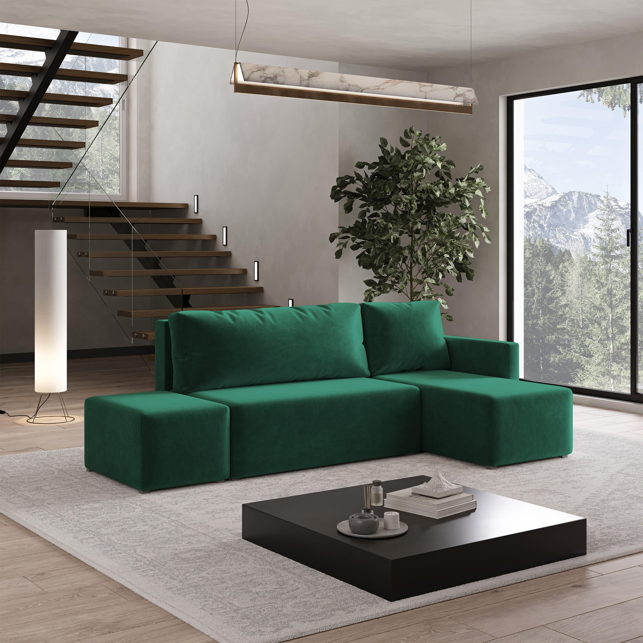 ECKSOFA VELOTTI R-S Grün Plüsch-Stoff mit Schlaffunktion - Grün, Holz (261/143cm) - MASSENO