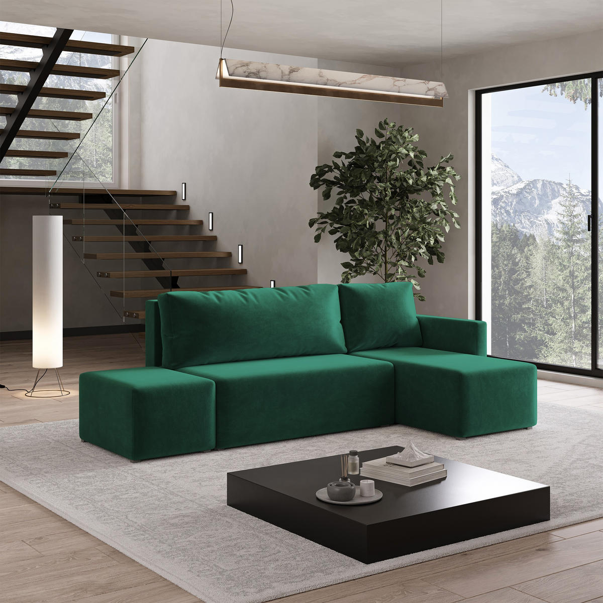 ECKSOFA VELOTTI R-S Grün Plüsch-Stoff mit Schlaffunktion - Grün, Holz (261/143cm) - MASSENO