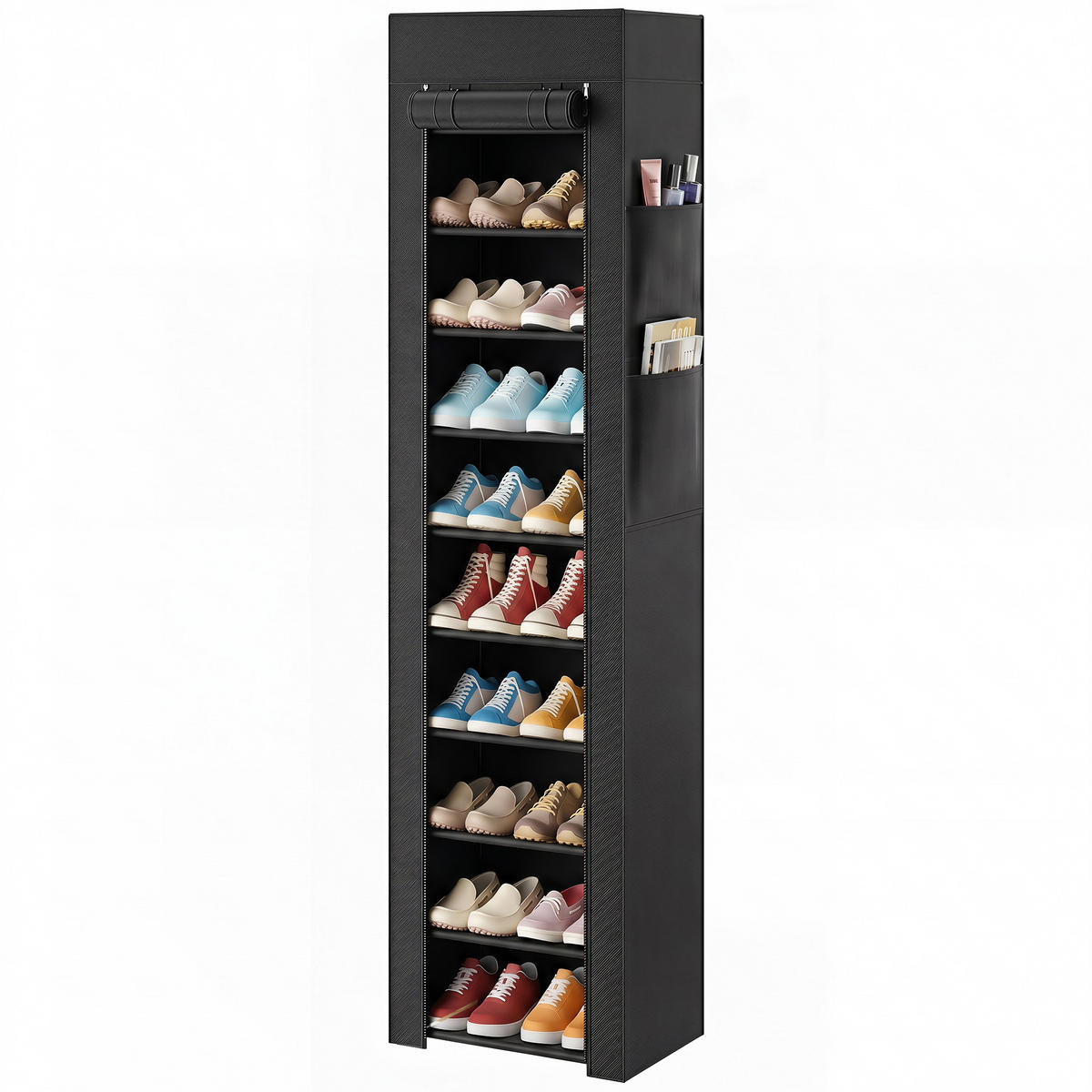 SCHUHREGAL,10 Etagen Metall mit Staubhülle für 20 Paar,schwarz - Schwarz, Kunststoff (45/175/30cm) - Vallsero
