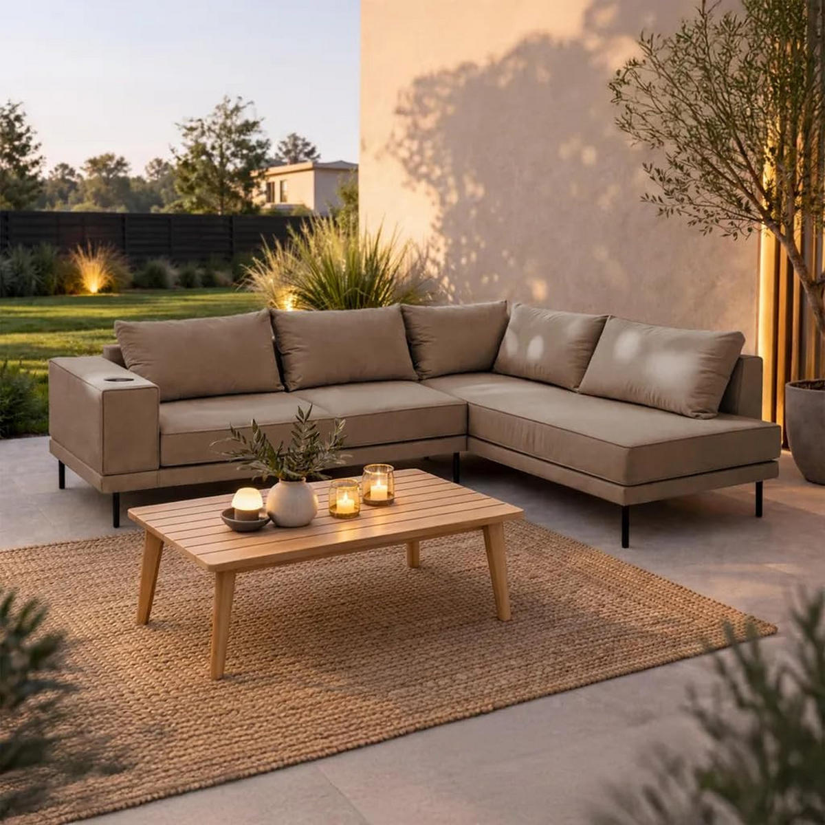 GARTEN-ECKSOFA VOLARO S Wetterfest 270x200x50 cm, Rechts, Outdoor-Stoff, Getränkehalter aus Metall, 20 cm hohe Füße, Beige - Beige, Holz/Metall (270/50/200cm) - Trada