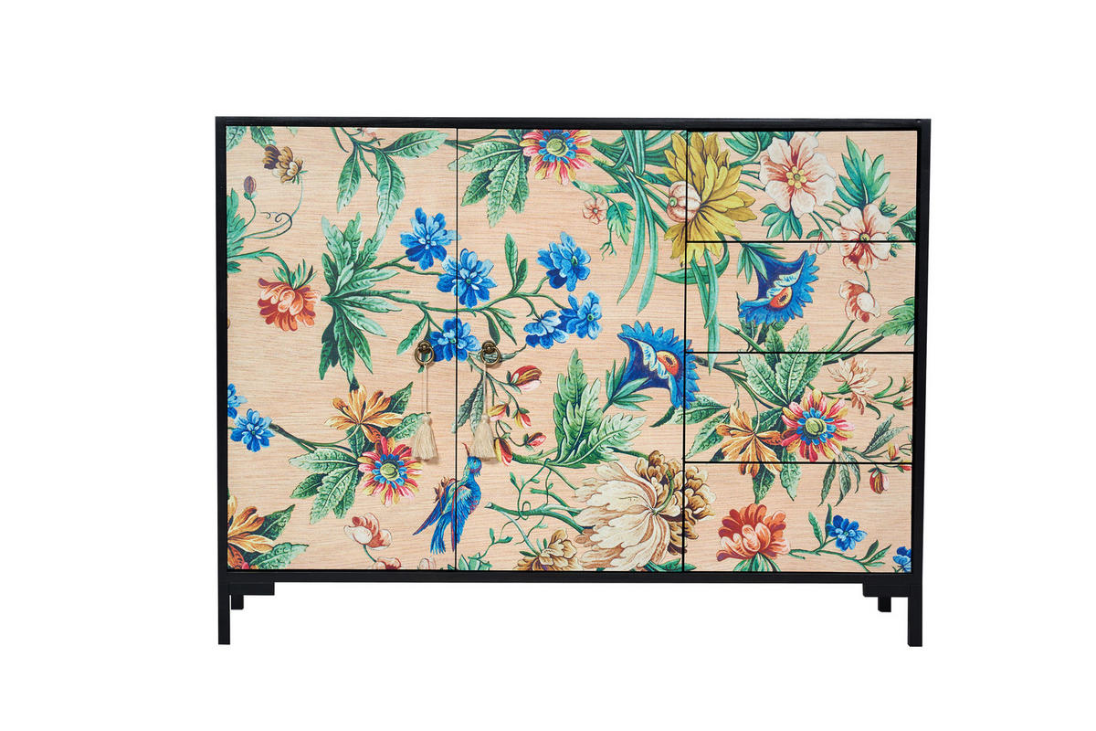 KOMMODE mit 2 Türen und 4 Schubladen aus MDF Blumendruck WILMA AMAZONIA - Blau/Multicolor, Holzwerkstoff (45/84/113cm) - RNT By Really Nice Things