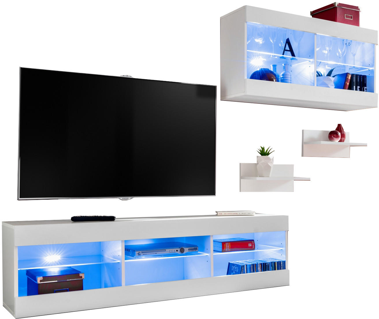 WOHNWAND TIVOLI SET3-WHITE/WHITE+BLU Offener Raum Weiß Weiß - Weiß, Glas/Holzwerkstoff (240/195/35cm) - Komodee