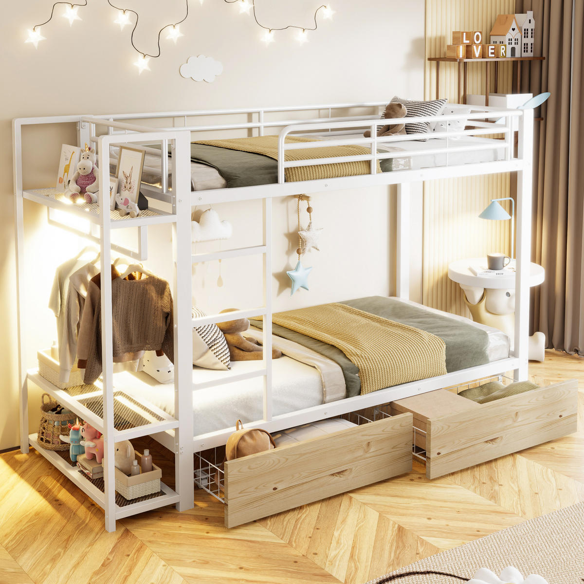 ETAGENBETT 90/200 cm mit LED-Lichtleiste, 2 Schubladen, Regalen und Kleiderstange, Weiß - Weiß, Metall (90/200cm) - Redom