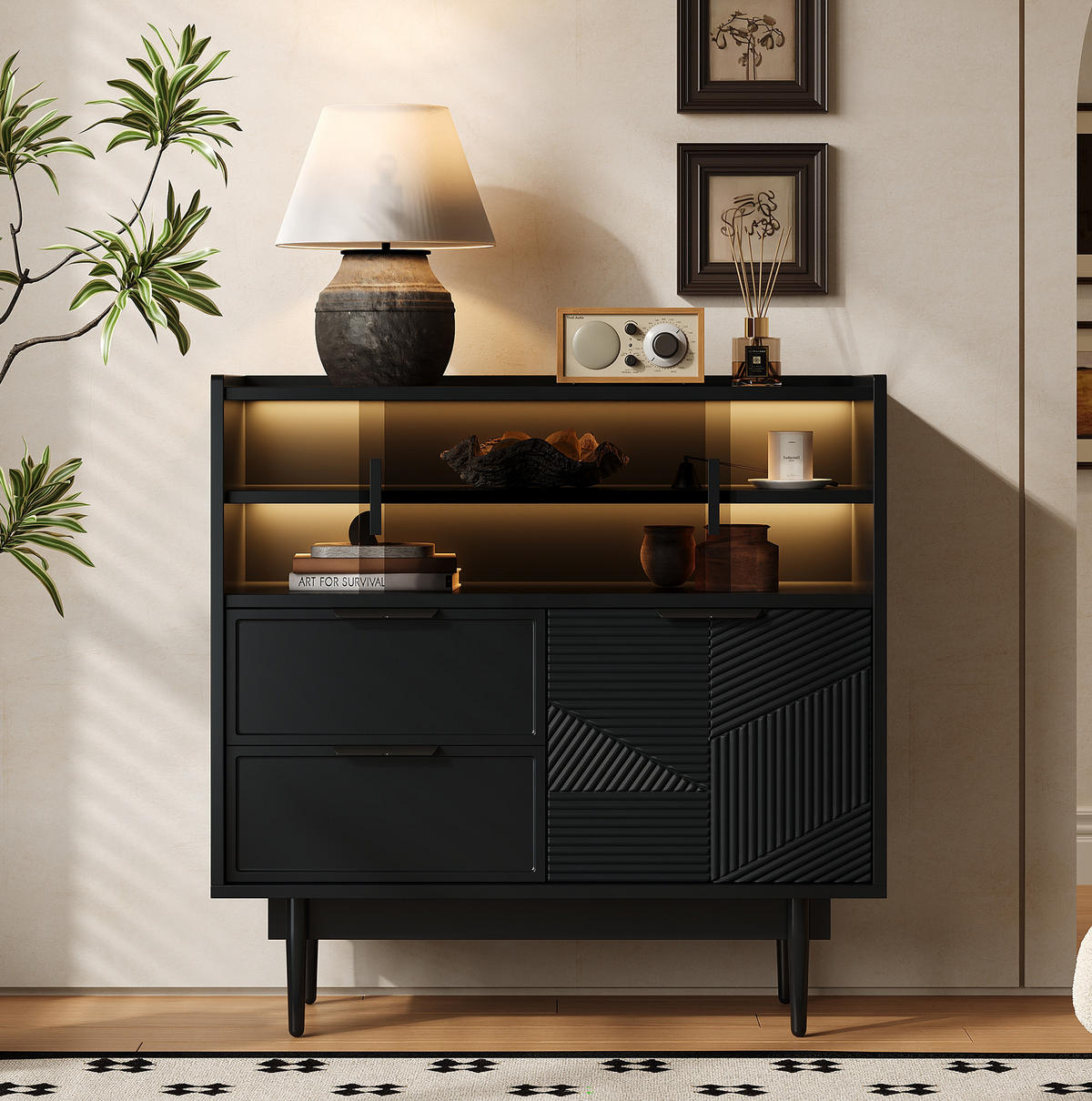 SIDEBOARD 80/35/80 cm Schwarz aus MDF mit LED-Lichtleiste - Schwarz, Holzwerkstoff (35/80/80cm) - OKMYHOME