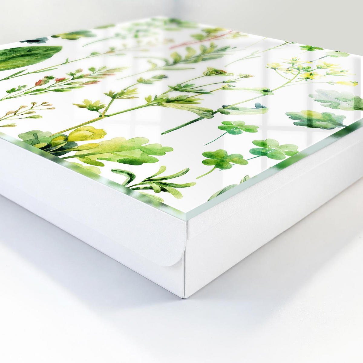 SCHLÜSSELBOX Weiß 30x30 cm – Türöffnung nach rechts - Pflanzen-Aquarell - Grün, Metall (30/30/5cm) - TULUP